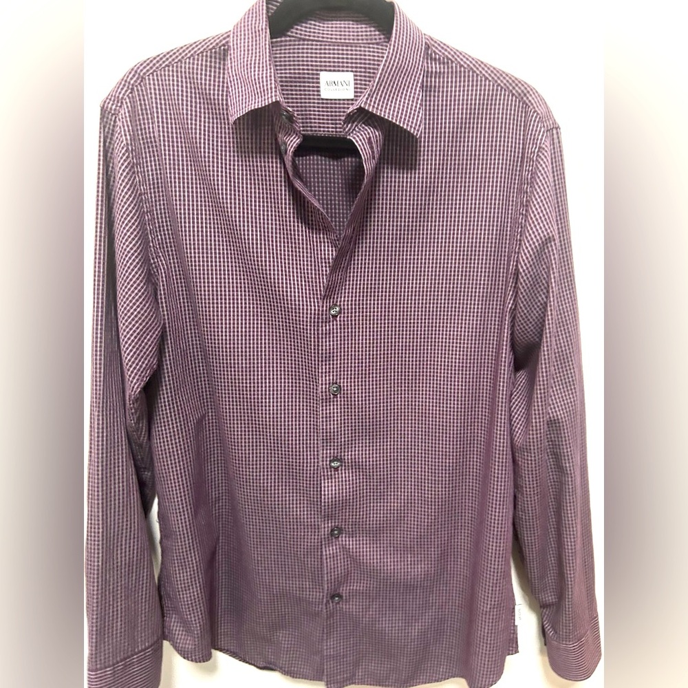 ARMANI Collezioni Burgundy & Cream Checkers Long Sleeve Men’s Shirt M